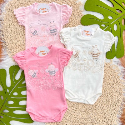 Kit 3 Peças - Bodys Manga Curta Abelha Fofa com Tule - Rosa, Off White e Rose